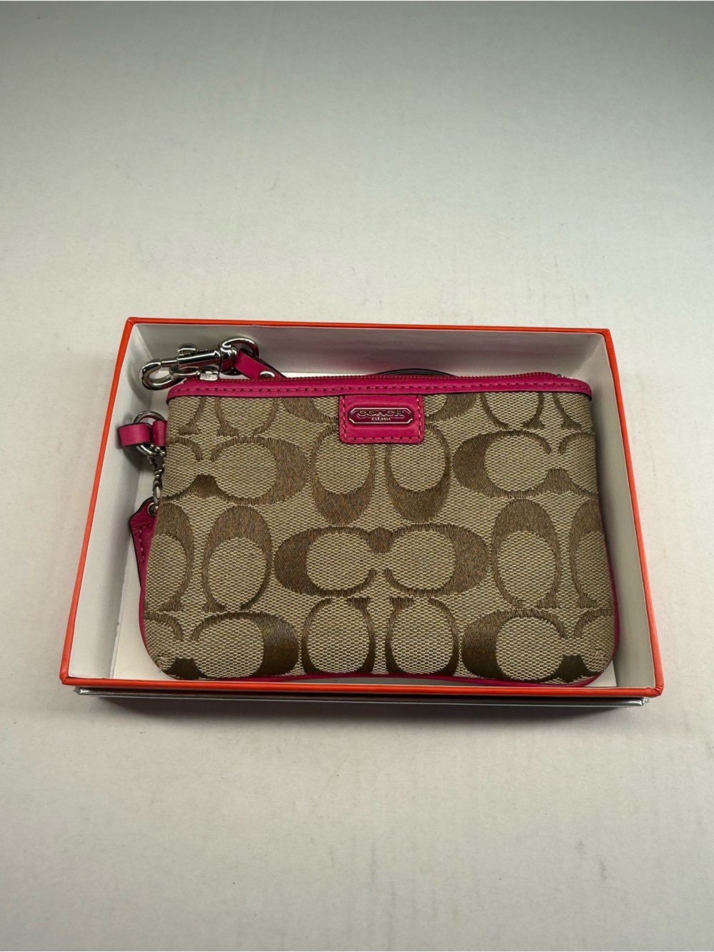 Coach Tan Signature Canvas Wristlet with Hot Pink Trim